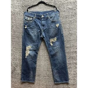 True Religion Ricky Relaxed Straight Distressed Denim Jeans Indigo Mens Size 38